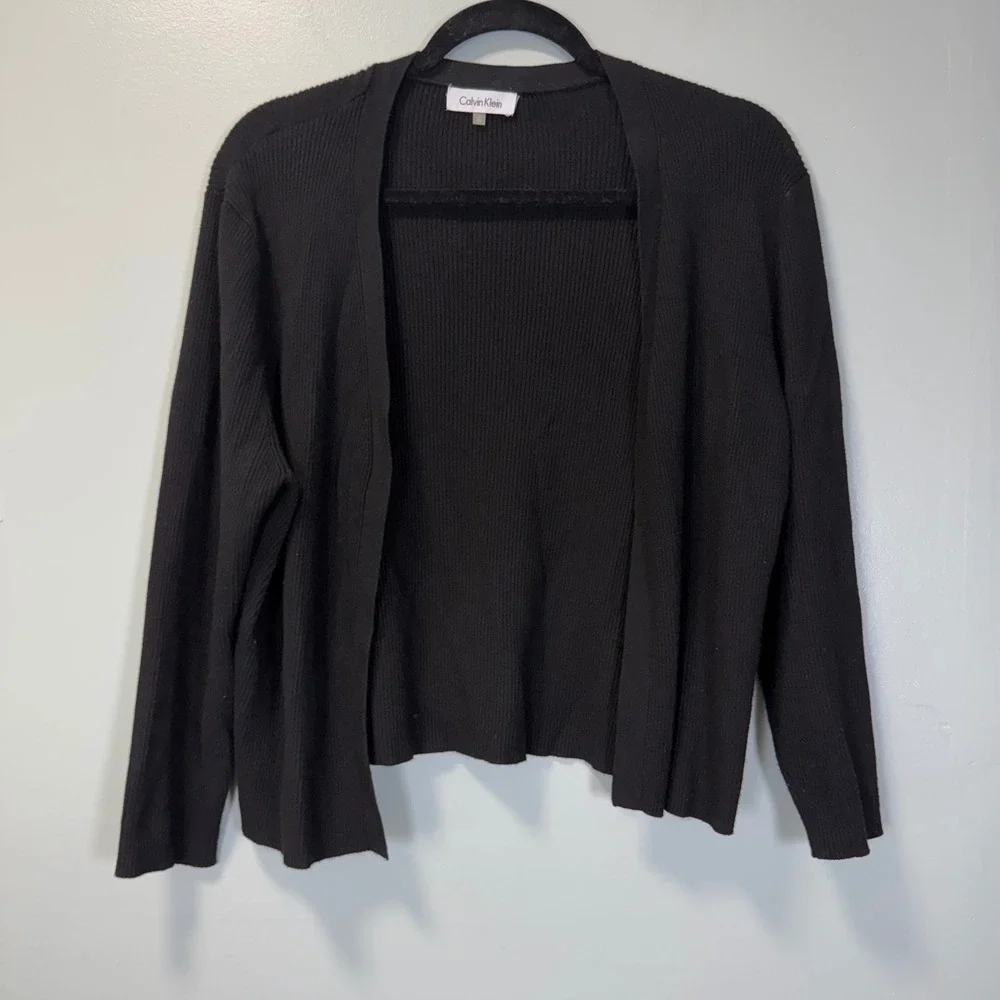 Calvin Klein Womens Black Ribbed Open Front‎ Cardigan 3/4 Sleeve Sweater XL